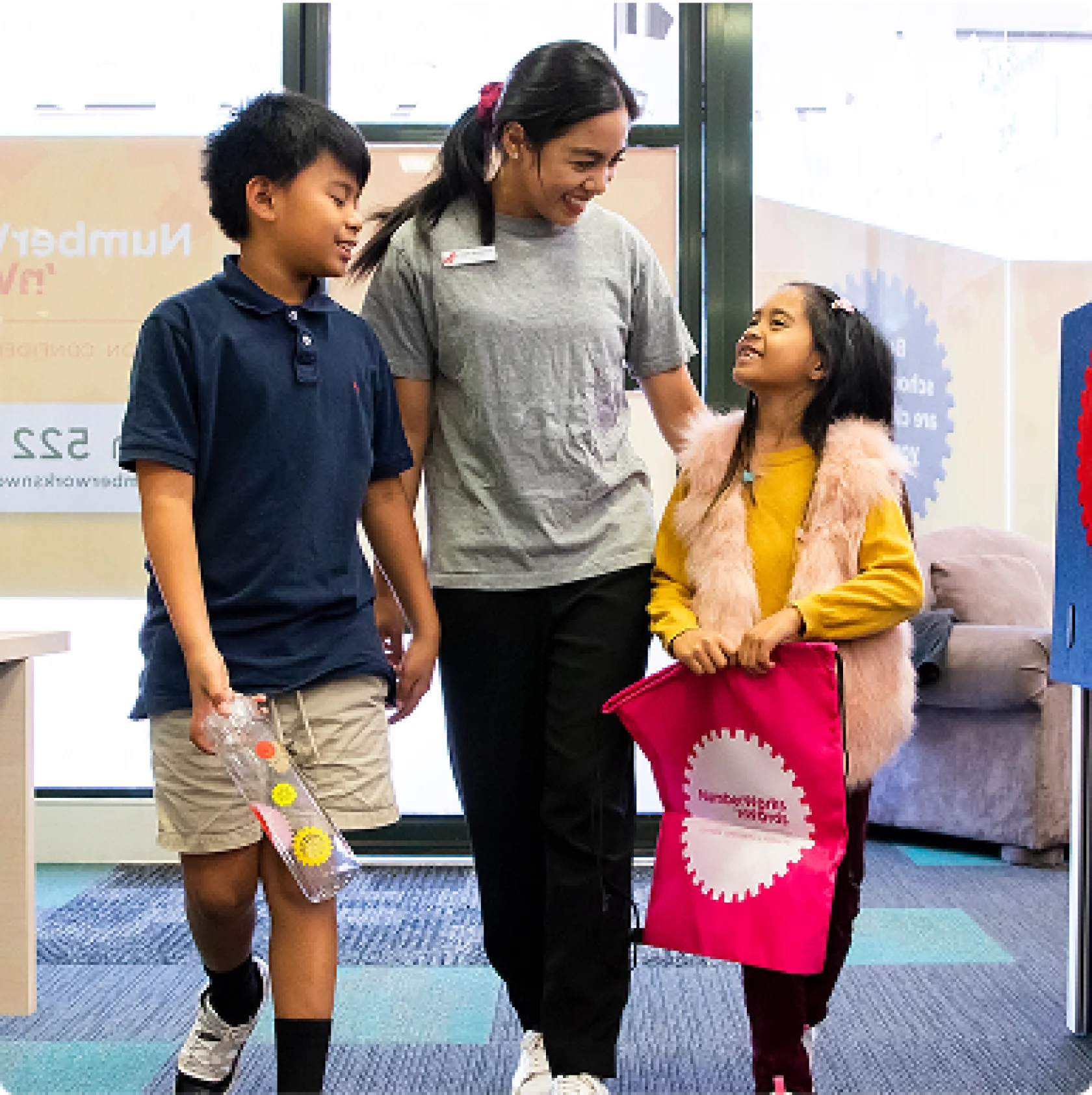 Students happily walking with teacher